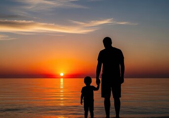Fototapeta premium Fathers day, Silhouette of father and son holding hands on beach at sunset ocean view.