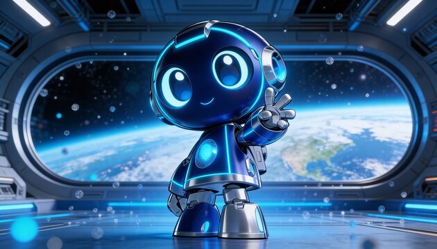 Cute blue glowing robot standing inside a futuristic spaceship overlooking Earth