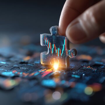 A hand inserting a transparent puzzle piece into a digital stock market graphic, symbolizing data integration.