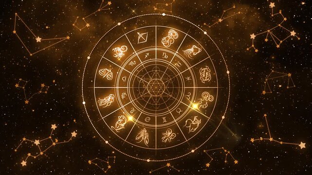 Glowing Gold Astrology Zodiac Wheel with Twinkling Constellations in Cosmic Space