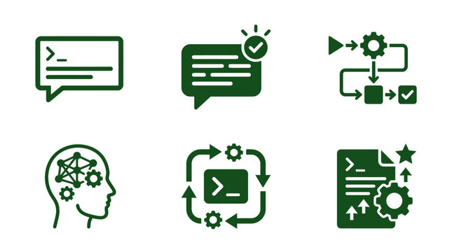 Collection of green icons representing programming, automation, and workflow concepts with gears