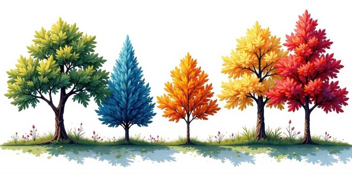 Architectural line drawing of diverse trees, CAD style, silhouette, park, vector art