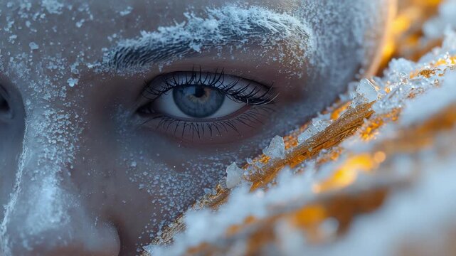 Frost covered human face with blue eye in icy winter scene, frozen eyelashes, snow crystals, cold skin texture and dramatic survival mood