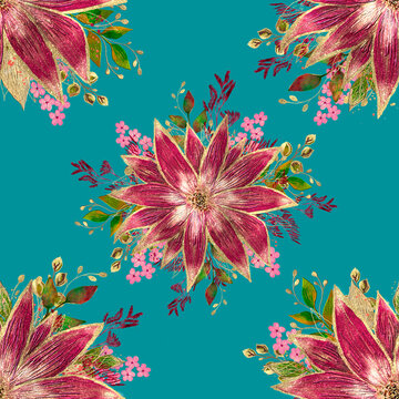 Seamless oriental style pattern with pink flowers and golden glitter on teal background. Luxury ethnic botanical ornament for traditional textile, fabric print and exotic decor.