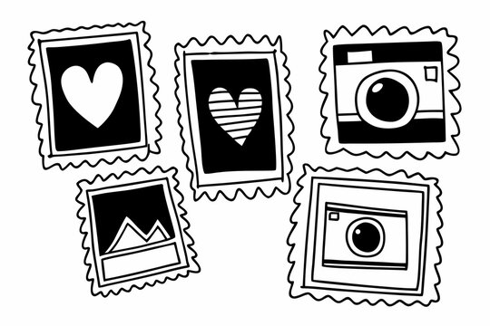 Black and white photo stamp icons, camera and heart symbols, vector graphics