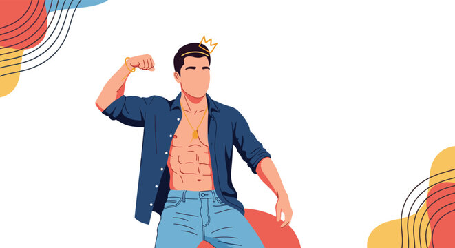 Illustrated muscular man in a blue shirt flexing his biceps with a small golden crown hovering over his head area.
