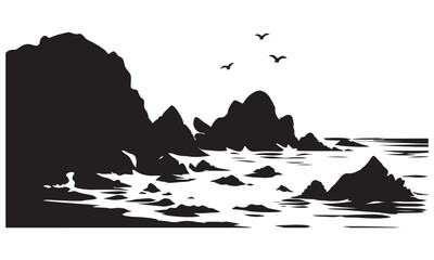 Rocky coast silhouette, rocky shoreline, coastal scene, vector isolated on white © Hin