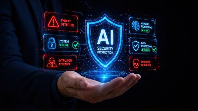 Artificial intelligence security shield with warning signs digital illustration high quality professional detailed modern elegant stylish clean