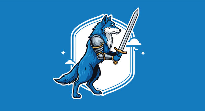 Heroic blue wolf character dressed in knight armor holding a silver sword against a blue shield and cloud background.
