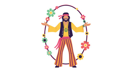 Fototapeta premium Smiling hippie man with long hair, headband, and peace sign necklace standing inside a floral decorative oval frame.