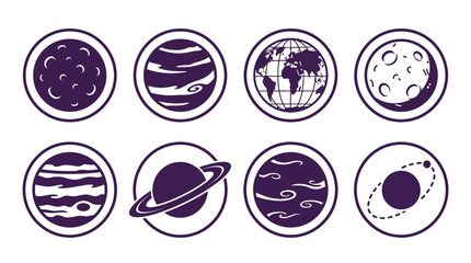 Collection of celestial icons featuring planets, the Earth, and the moon in a circular design © Suro