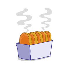 a box of crunchy potato bread on paper box with smoke coming out of it. Vegetable Fast food © ita