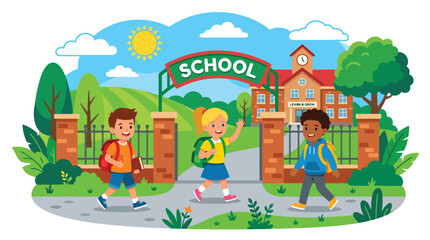 Obraz premium Flat style vector illustration of cheerful kids walking into a school gate with backpacks, bright morning atmosphere, back to school concept