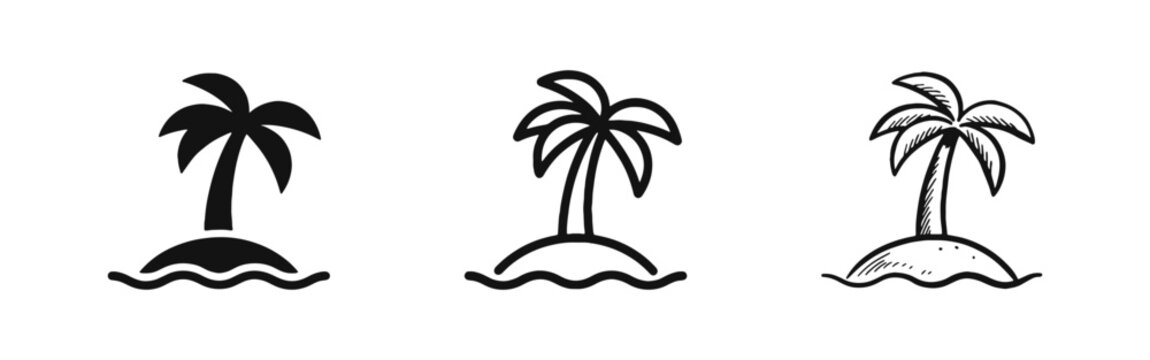 Tropical Island Icon Set - Palm Tree on Beach with Ocean Waves