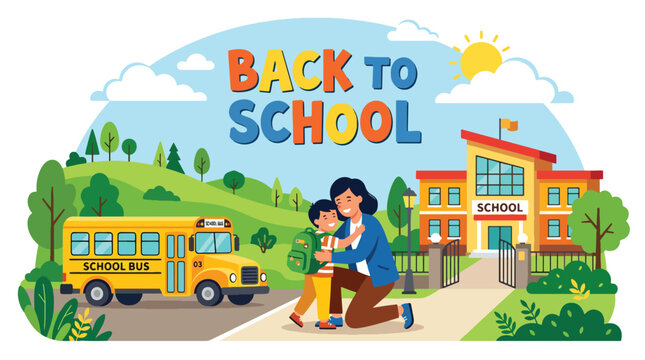 Flat style vector illustration of parent dropping off child at school gate with school bus and building, back to school morning routine