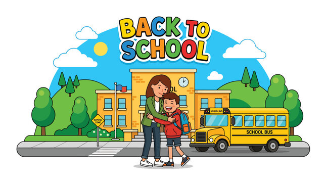 Flat style vector illustration of parent dropping off child at school gate with school bus and building, back to school morning routine