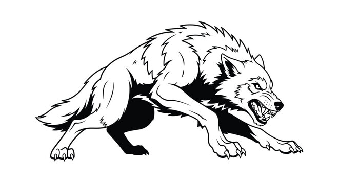 Powerful black and white illustration of a snarling wolf in a crouching predatory stance with teeth bared for an attack.