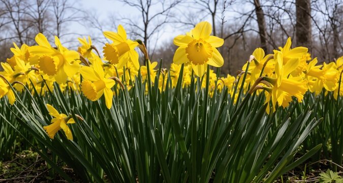 yellow spring time daffodils swaying in the breeze
