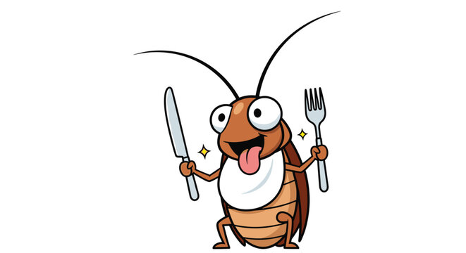 Funny cartoon cockroach character holding a knife and fork while sticking out its tongue in anticipation of a delicious meal.