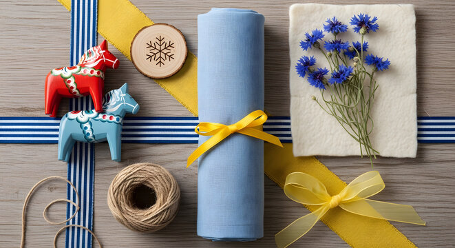Celebrating National Day of Sweden with traditional flag, blue and yellow ribbons, and blooming wildflowers on a rustic wooden table with Swedish Dala horses.