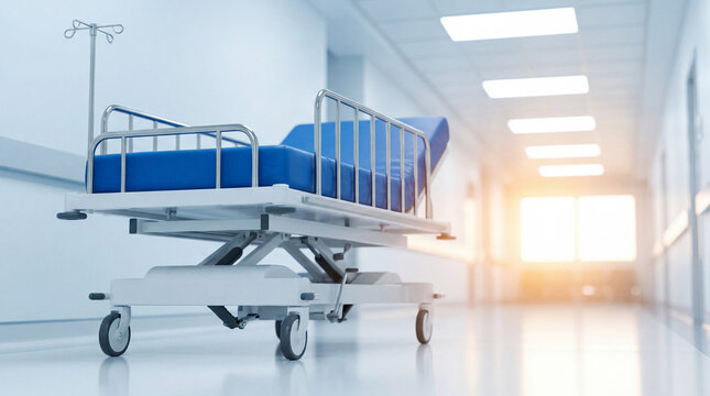 An empty medical gurney with an IV pole stands in a modern, sterile hospital corridor. Symbolizes healthcare and recovery