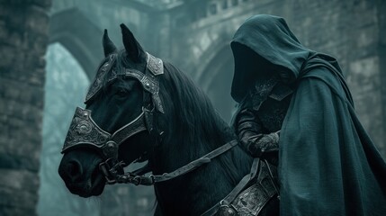 Obraz premium Mysterious hooded figure riding black horse through ancient archway