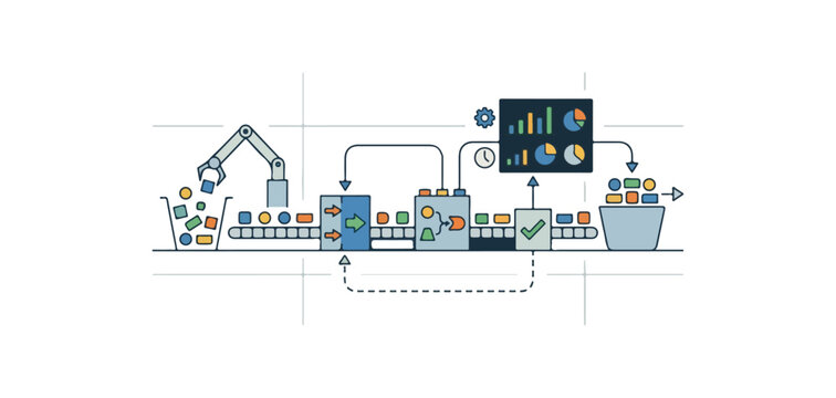 Modern minimal futuristic AI factory line in 2026, showcasing automated production, data analysis, and quality control for efficient manufacturing processes