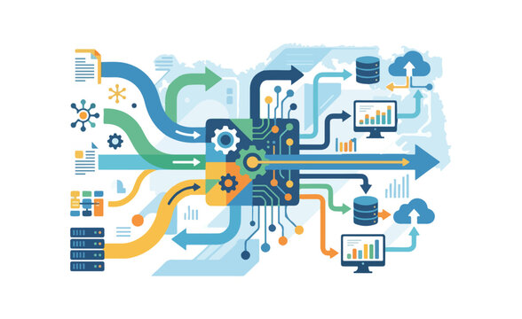 Modern futuristic minimal AI 2026 data flow and processing technology with connections and cloud integration