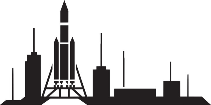 Rocket launchpad and city skyline with minimalist silhouette design with future for space and urban
