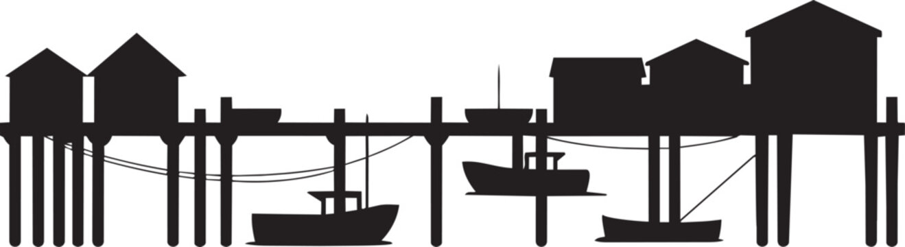 Pier houses with boats along wooden stilts in black silhouette style with coastal with waterfront
