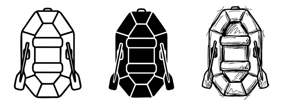 Inflatable Raft and Dinghy Icon Set - Vector Illustrations of Rafting Boats with Paddles in Outline, Silhouette, and Hand-Drawn Sketch Styles