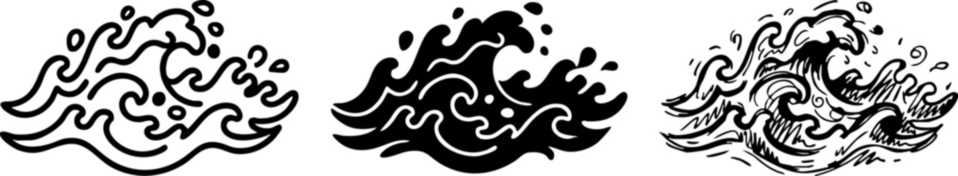 Set of Hand-Drawn Ocean Wave Icons, Black and White Vector Illustrations of Sea Surf and Water Splashes