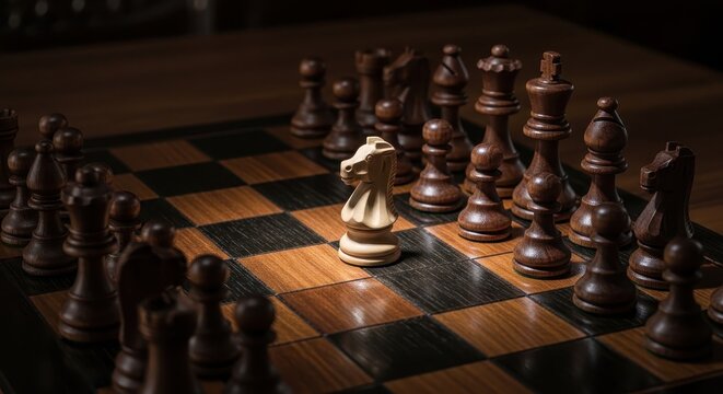 Chess Game with Knight Piece Highlighted in Dramatic Lighting
