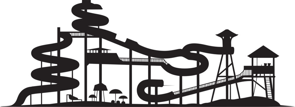 Water park slides silhouette with spiral tubes plus tall towers and umbrellas in outline style