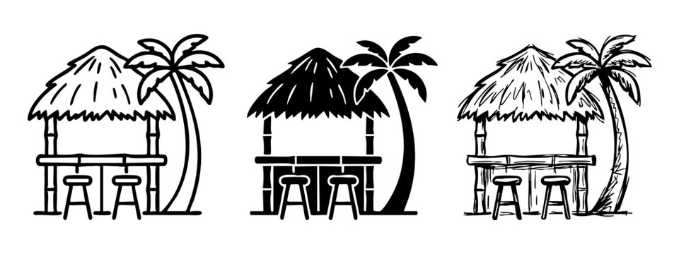 Set of Beach Tiki Bar Icons with Palm Tree, Tropical Island Hut Vector Illustration, Summer Cocktail Bar Sign Design