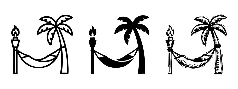 Set of Palm Tree Hammock and Tiki Torch Icons, Tropical Summer Vacation Beach Symbols