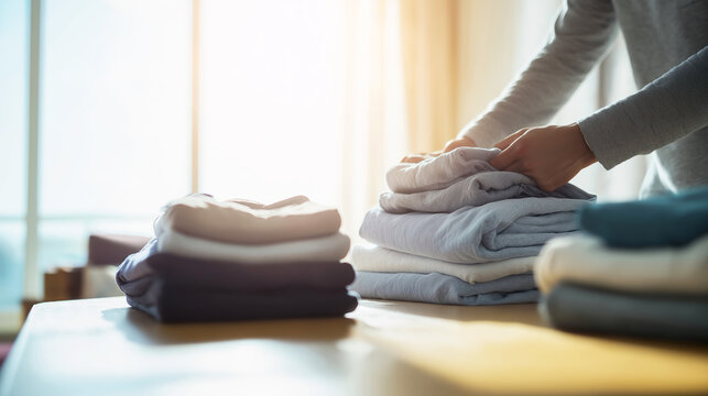Person folding various clean clothes on a wooden table, creating organized piles at home with soft sun glow