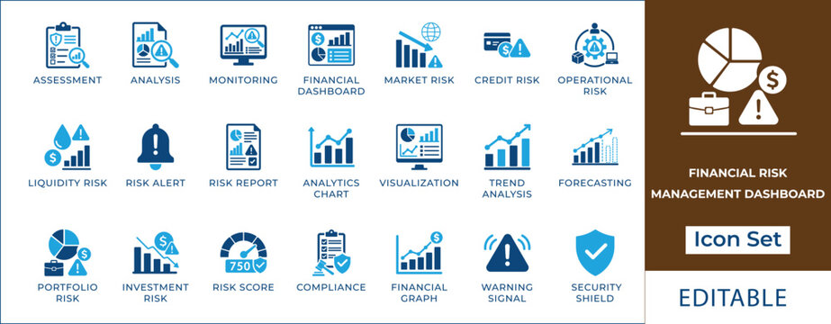 Financial risk management dashboard icon set featuring market volatility, credit score, bankruptcy alert, data audit, investment loss, inflation, and fraud protection symbols.