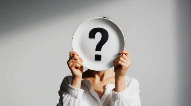 Person holding plate with question mark, obscuring face and representing concepts of identity, doubt, and finding solutions
