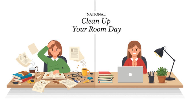 A split-screen vector illustration showcases the transformation for National Clean Up Your Room Day, contrasting a messy desk with scattered papers and books to an organized workspace