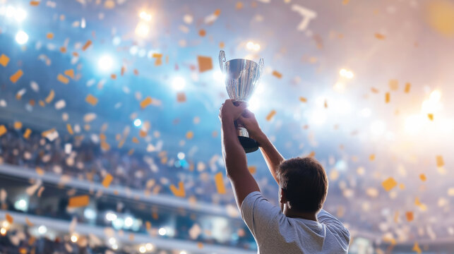 Athlete holding high silver trophy in a stadium, celebrating championship success amidst bright lights and falling confetti