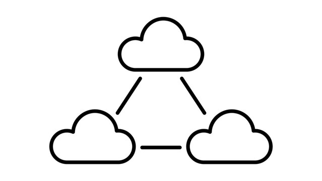 Sleek multicloud architecture vector icon set with editable stroke for versatile design projects, minimalist three clouds illustration representing global data networks and hosting services.