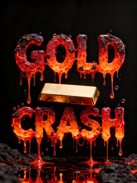 Conceptual illustration of burning lava text spelling crash with falling gold bar, symbolizing financial crisis, economic meltdown, and stock market volatility visualization.