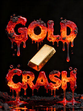 Conceptual illustration of burning lava text spelling crash with falling gold bar, symbolizing financial crisis, economic meltdown, and stock market volatility visualization.