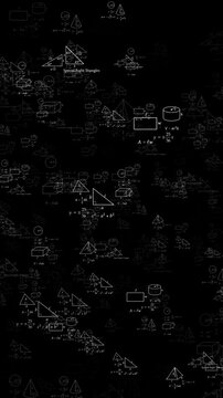 Dark education math graphics floating formulas, geometric shapes, white chalk marks, and black academic space. for online courses, school videos, STEM promos, tutorial screens, and overlays.