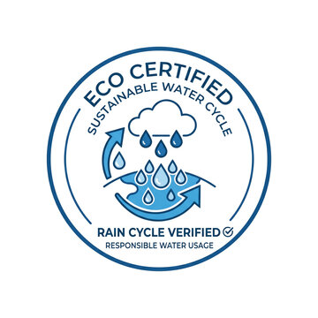Circular eco certified badge with rain cloud representing water cycle verification.