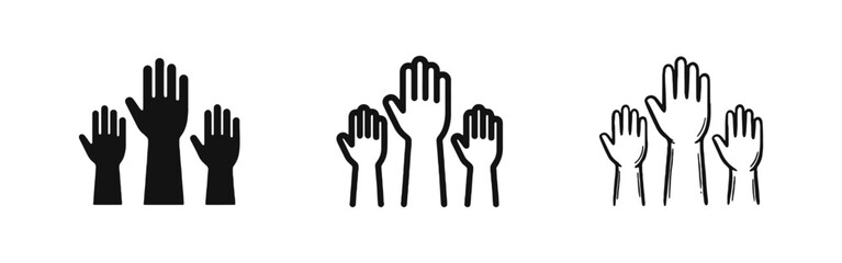 Fototapeta premium Community Participation and Volunteering Icon Set with Raised Hands in Solid Outline and Hand Drawn Styles
