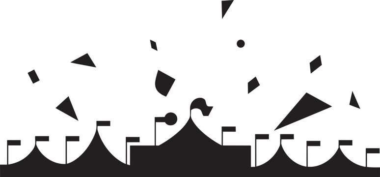 Fairground event with abstract shapes flags minimalist black and white design with confetti