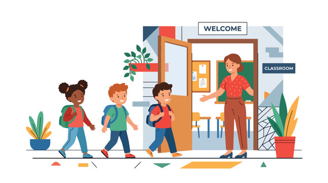 Flat style vector illustration of teacher welcoming kids entering classroom, back to school first day concept