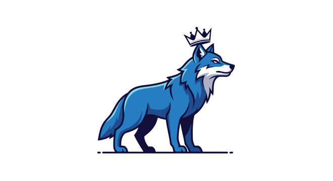 Stylized blue wolf character wearing a royal crown standing confidently for branding or gaming mascot concepts with a modern feel.